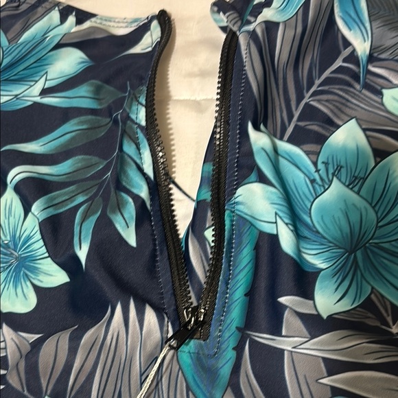 RashGaurd Long Sleeve One Piece Swimsuit Floral Blue Teal - Picture 2 of 16